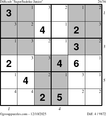 The grouppuzzles.com Difficult SuperSudoku-Junior puzzle for Wednesday December 10, 2025 with all 4 steps marked