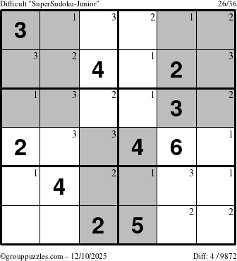 The grouppuzzles.com Difficult SuperSudoku-Junior puzzle for Wednesday December 10, 2025 with the first 3 steps marked