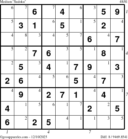 The grouppuzzles.com Medium Sudoku puzzle for Wednesday December 10, 2025, suitable for printing, with all 8 steps marked