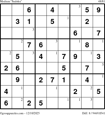 The grouppuzzles.com Medium Sudoku puzzle for Wednesday December 10, 2025 with the first 3 steps marked