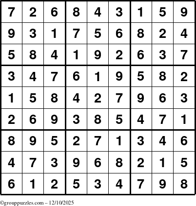 The grouppuzzles.com Answer grid for the Sudoku puzzle for Wednesday December 10, 2025