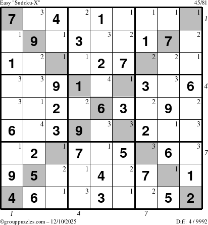 The grouppuzzles.com Easy Sudoku-X puzzle for Wednesday December 10, 2025 with all 4 steps marked
