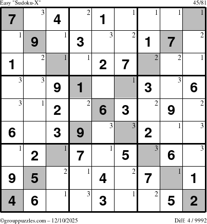 The grouppuzzles.com Easy Sudoku-X puzzle for Wednesday December 10, 2025 with the first 3 steps marked
