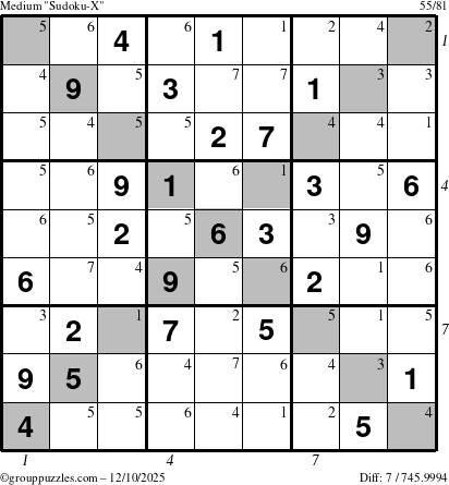 The grouppuzzles.com Medium Sudoku-X puzzle for Wednesday December 10, 2025 with all 7 steps marked
