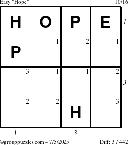 The grouppuzzles.com Easy Hope puzzle for Saturday July 5, 2025, suitable for printing, with all 3 steps marked
