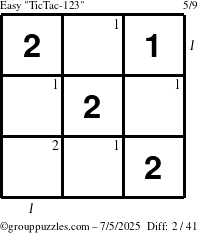 The grouppuzzles.com Easy TicTac-123 puzzle for Saturday July 5, 2025 with all 2 steps marked