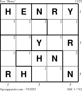 The grouppuzzles.com Easy Henry puzzle for Saturday July 5, 2025 with all 3 steps marked