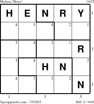 The grouppuzzles.com Medium Henry puzzle for Saturday July 5, 2025 with all 4 steps marked