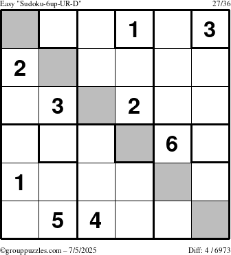 The grouppuzzles.com Easy Sudoku-6up-UR-D puzzle for Saturday July 5, 2025