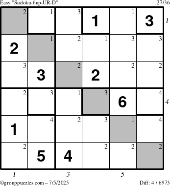 The grouppuzzles.com Easy Sudoku-6up-UR-D puzzle for Saturday July 5, 2025, suitable for printing, with all 4 steps marked