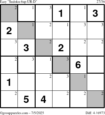 The grouppuzzles.com Easy Sudoku-6up-UR-D puzzle for Saturday July 5, 2025 with the first 3 steps marked