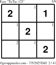 The grouppuzzles.com Easy TicTac-123 puzzle for Saturday July 5, 2025 with the first 2 steps marked