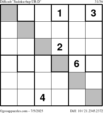 The grouppuzzles.com Difficult Sudoku-6up-UR-D puzzle for Saturday July 5, 2025