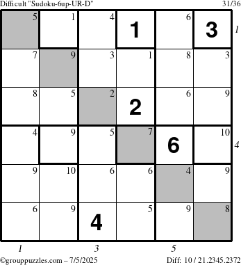 The grouppuzzles.com Difficult Sudoku-6up-UR-D puzzle for Saturday July 5, 2025, suitable for printing, with all 10 steps marked