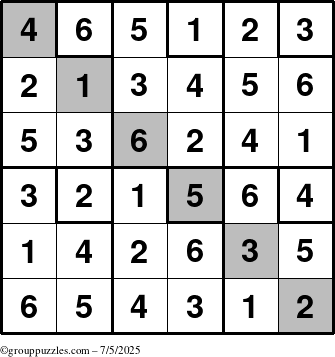 The grouppuzzles.com Answer grid for the Sudoku-6up-UR-D puzzle for Saturday July 5, 2025