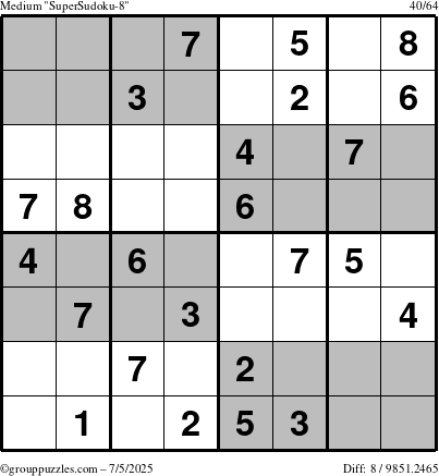 The grouppuzzles.com Medium SuperSudoku-8 puzzle for Saturday July 5, 2025