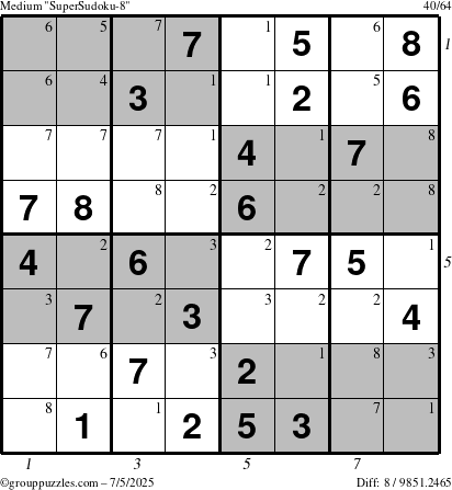 The grouppuzzles.com Medium SuperSudoku-8 puzzle for Saturday July 5, 2025, suitable for printing, with all 8 steps marked