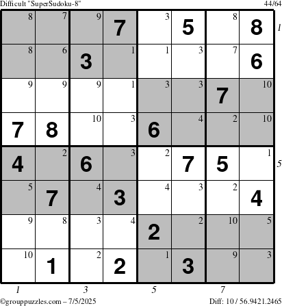The grouppuzzles.com Difficult SuperSudoku-8 puzzle for Saturday July 5, 2025 with all 10 steps marked