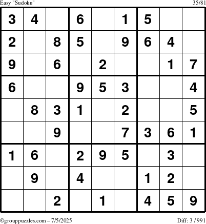 The grouppuzzles.com Easy Sudoku puzzle for Saturday July 5, 2025