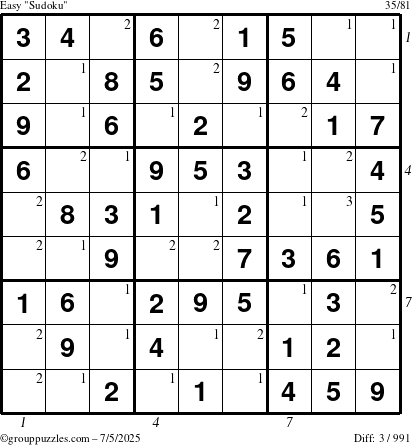 The grouppuzzles.com Easy Sudoku puzzle for Saturday July 5, 2025 with all 3 steps marked