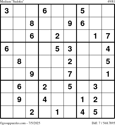 The grouppuzzles.com Medium Sudoku puzzle for Saturday July 5, 2025