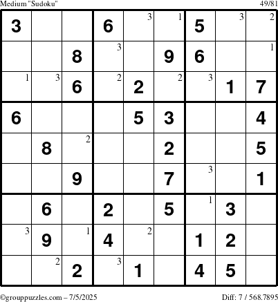The grouppuzzles.com Medium Sudoku puzzle for Saturday July 5, 2025 with the first 3 steps marked