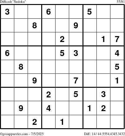 The grouppuzzles.com Difficult Sudoku puzzle for Saturday July 5, 2025