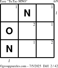 The grouppuzzles.com Easy TicTac-MNO puzzle for Saturday July 5, 2025 with all 2 steps marked
