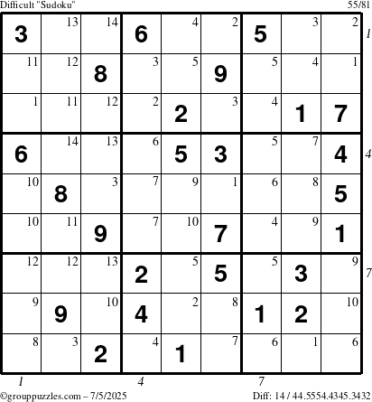 The grouppuzzles.com Difficult Sudoku puzzle for Saturday July 5, 2025, suitable for printing, with all 14 steps marked