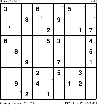 The grouppuzzles.com Difficult Sudoku puzzle for Saturday July 5, 2025 with the first 3 steps marked
