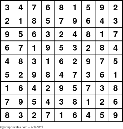 The grouppuzzles.com Answer grid for the Sudoku puzzle for Saturday July 5, 2025