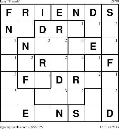 The grouppuzzles.com Easy Friends puzzle for Saturday July 5, 2025 with the first 3 steps marked