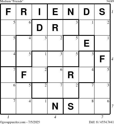 The grouppuzzles.com Medium Friends puzzle for Saturday July 5, 2025, suitable for printing, with all 8 steps marked