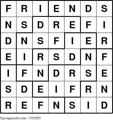 The grouppuzzles.com Answer grid for the Friends puzzle for Saturday July 5, 2025