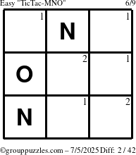 The grouppuzzles.com Easy TicTac-MNO puzzle for Saturday July 5, 2025 with the first 2 steps marked
