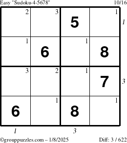 The grouppuzzles.com Easy Sudoku-4-5678 puzzle for Wednesday January 8, 2025, suitable for printing, with all 3 steps marked