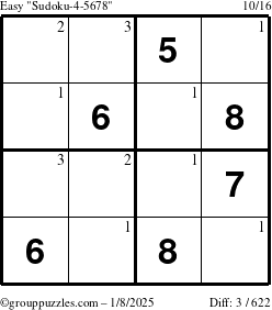 The grouppuzzles.com Easy Sudoku-4-5678 puzzle for Wednesday January 8, 2025 with the first 3 steps marked