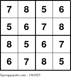 The grouppuzzles.com Answer grid for the Sudoku-4-5678 puzzle for Wednesday January 8, 2025