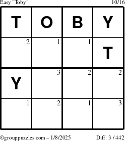 The grouppuzzles.com Easy Toby puzzle for Wednesday January 8, 2025 with the first 3 steps marked