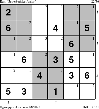 The grouppuzzles.com Easy SuperSudoku-Junior puzzle for Wednesday January 8, 2025 with all 3 steps marked