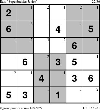 The grouppuzzles.com Easy SuperSudoku-Junior puzzle for Wednesday January 8, 2025 with the first 3 steps marked