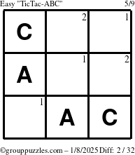 The grouppuzzles.com Easy TicTac-ABC puzzle for Wednesday January 8, 2025 with the first 2 steps marked