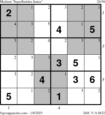 The grouppuzzles.com Medium SuperSudoku-Junior puzzle for Wednesday January 8, 2025, suitable for printing, with all 5 steps marked