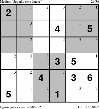 The grouppuzzles.com Medium SuperSudoku-Junior puzzle for Wednesday January 8, 2025 with the first 3 steps marked