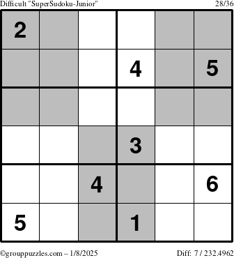 The grouppuzzles.com Difficult SuperSudoku-Junior puzzle for Wednesday January 8, 2025