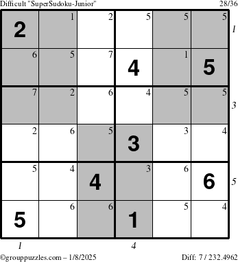 The grouppuzzles.com Difficult SuperSudoku-Junior puzzle for Wednesday January 8, 2025 with all 7 steps marked