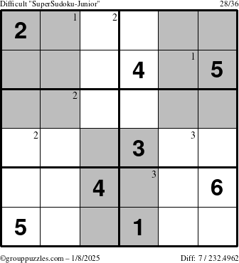 The grouppuzzles.com Difficult SuperSudoku-Junior puzzle for Wednesday January 8, 2025 with the first 3 steps marked