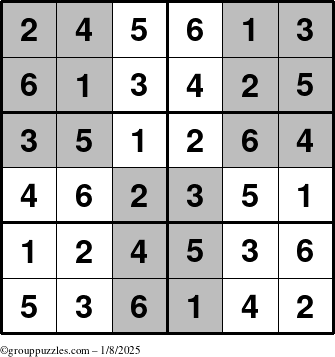 The grouppuzzles.com Answer grid for the SuperSudoku-Junior puzzle for Wednesday January 8, 2025