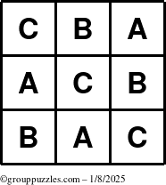 The grouppuzzles.com Answer grid for the TicTac-ABC puzzle for Wednesday January 8, 2025