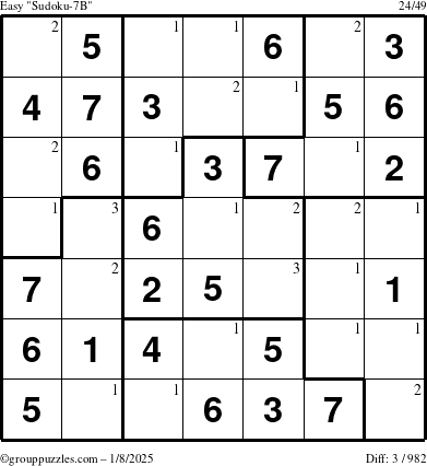 The grouppuzzles.com Easy Sudoku-7B puzzle for Wednesday January 8, 2025 with the first 3 steps marked